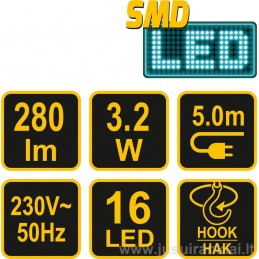Šviestuvas dirbtuvėms nešiojamas 16 LED, 3.2W, 280lm. VOREL Y-82699