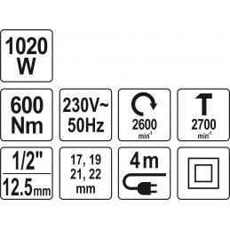 Veržliasukis smūginis elektrinis 1020W 1/2", 1/4"HEX, 600Nm YATO YT-82021