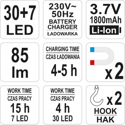 Lempa magnetinė akumuliatorinė 30+7LED 3,6V YATO YT-08505