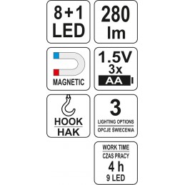 Lempa diodinė 8+1LED 1,5V 280lm 3xAA YATO YT-08513