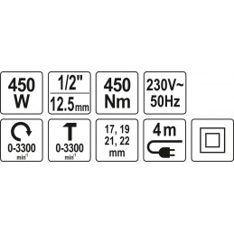 Veržliasukis smūginis elektrinis 450W 1/2", 1/4"HEX, 450Nm YATO YT-82020