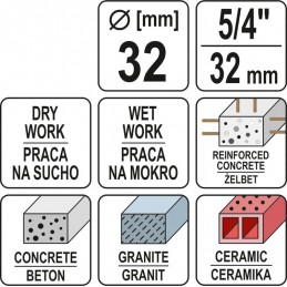 Gręžimo karūnų Ø32mm. L-430mm. sausam ir šlapiam gręžimui, antgalis 1 1/4" YATO