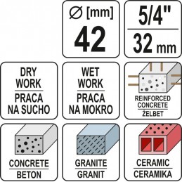 Gręžimo karūnų Ø42mm. L-430mm. sausam ir šlapiam gręžimui, antgalis 1 1/4" YATO