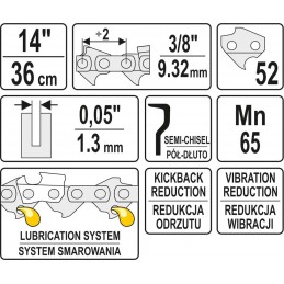 3/8" 1,3mm., 52narelių, 36cm. 14" grandinė pjūklui YATO YT-84951