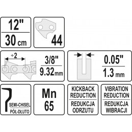 3/8" 1,3mm., 44narelių, 30cm. 12" grandinė pjūklui YATO YT-84949