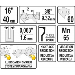 3/8" 1,6mm., 60narelių, 40cm. 16" grandinė pjūklui YATO YT-84955
