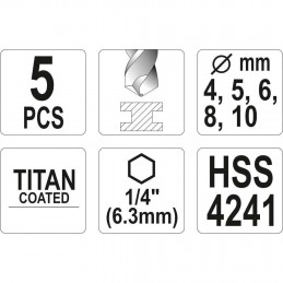 Grąžtų rinkinys 4-10mm. 5vnt. HSS 1/4" YT-447700