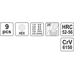 Raktų 1,5-10mm. šešiabriaunių rinkinys Hex CrV YATO 0505